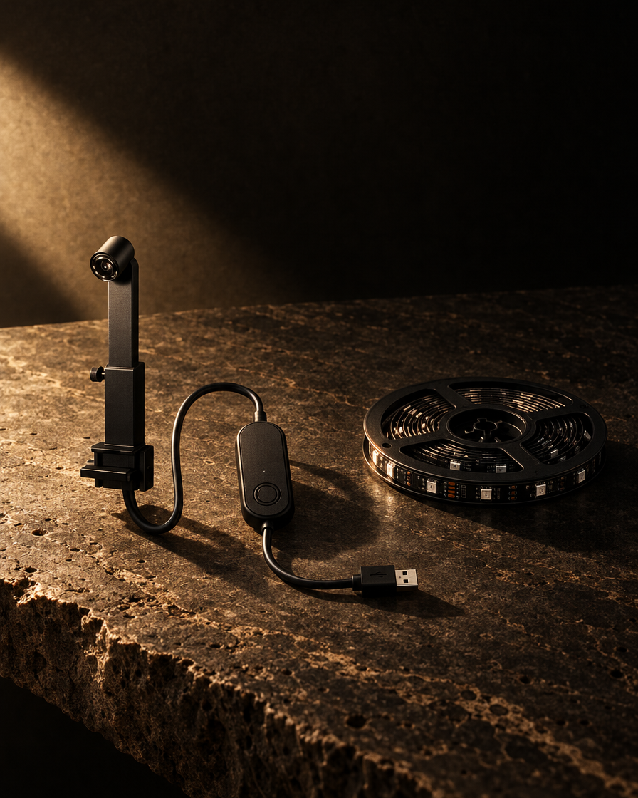 Contenu du kit : bande LED, caméra, boîtier, câble USB